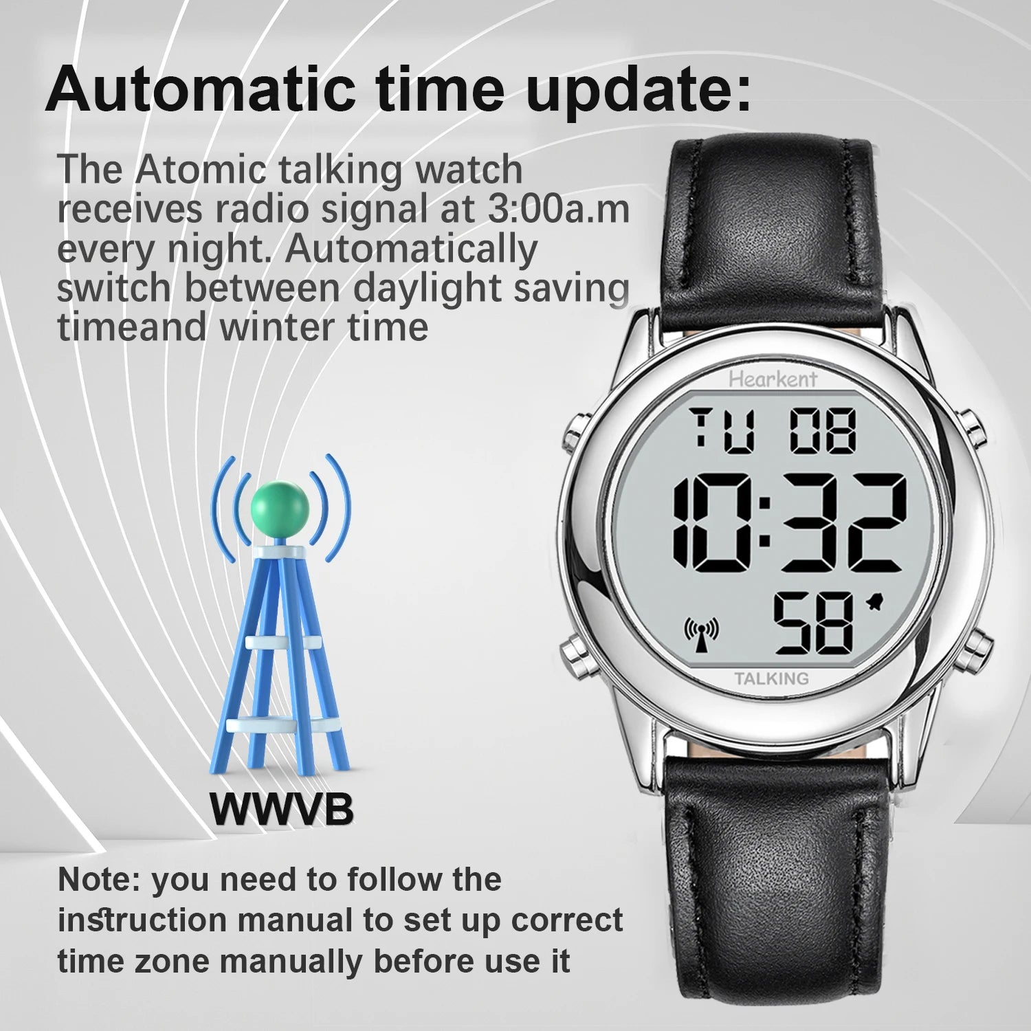 Talking Watches for Blind Elderly Men'S Clock Talking Time with Atomic Alarm Radio Wrist Watches Spanish/German/English