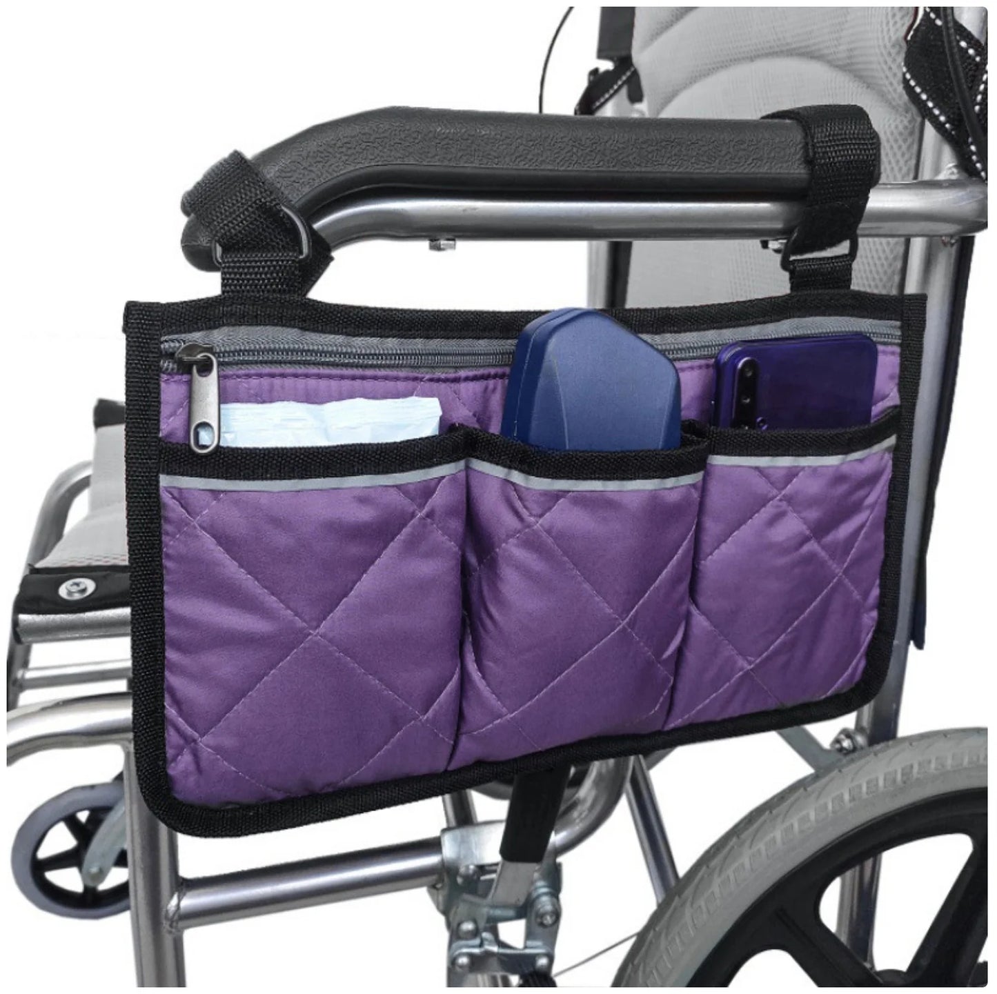 Black Wheelchair Storage Bag - Premium Quality with Adjustable Straps & Reflective Strip