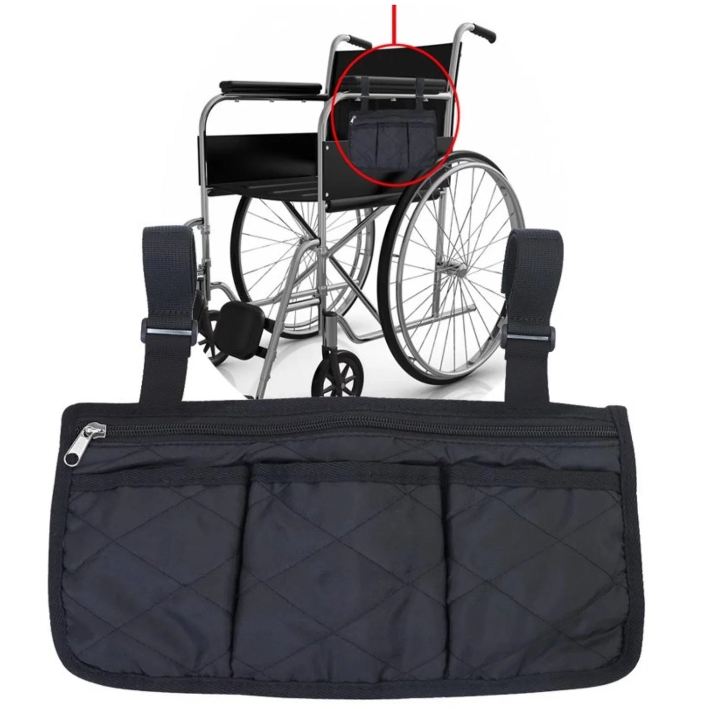 Black Wheelchair Storage Bag - Premium Quality with Adjustable Straps & Reflective Strip