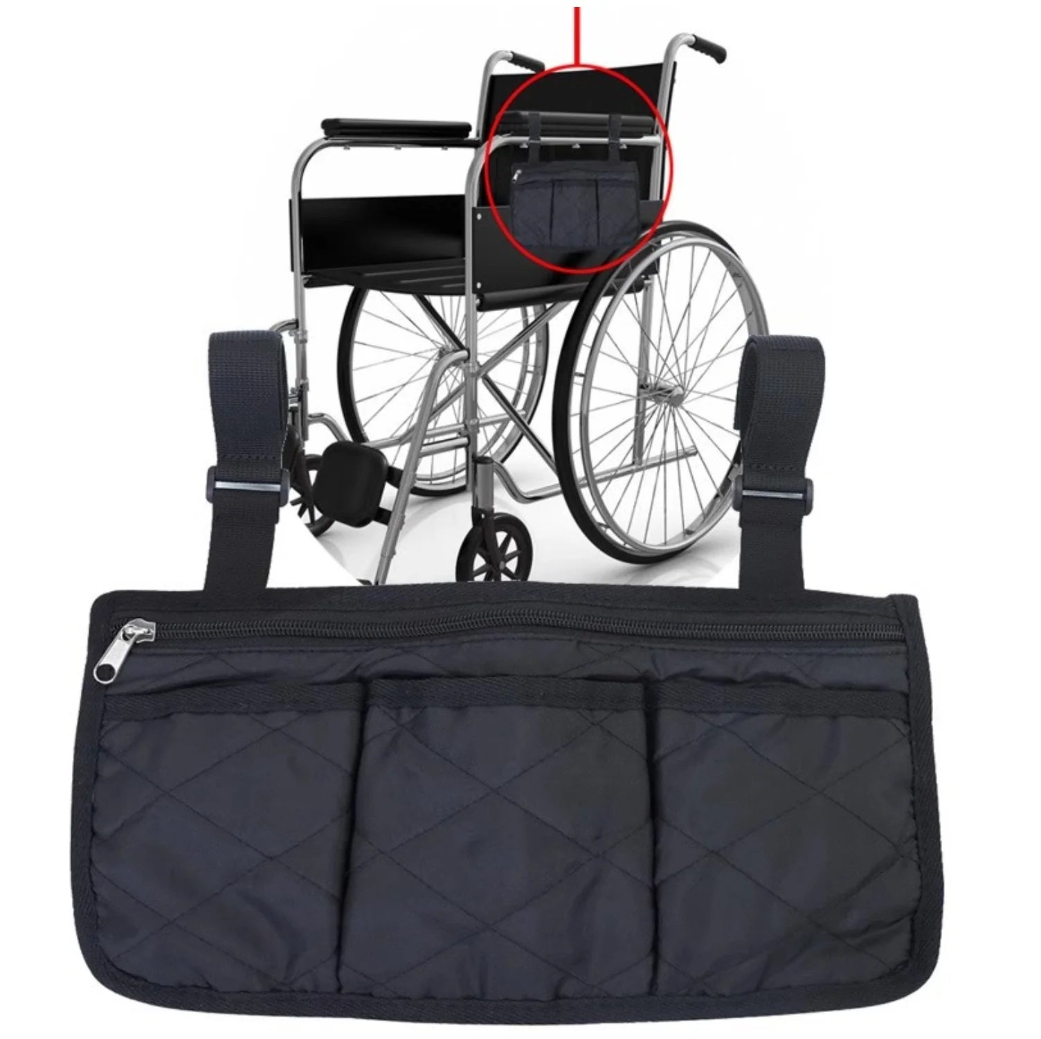 Black Wheelchair Storage Bag - Premium Quality with Adjustable Straps & Reflective Strip