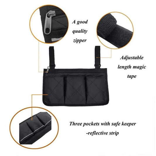 Black Wheelchair Storage Bag - Premium Quality with Adjustable Straps & Reflective Strip