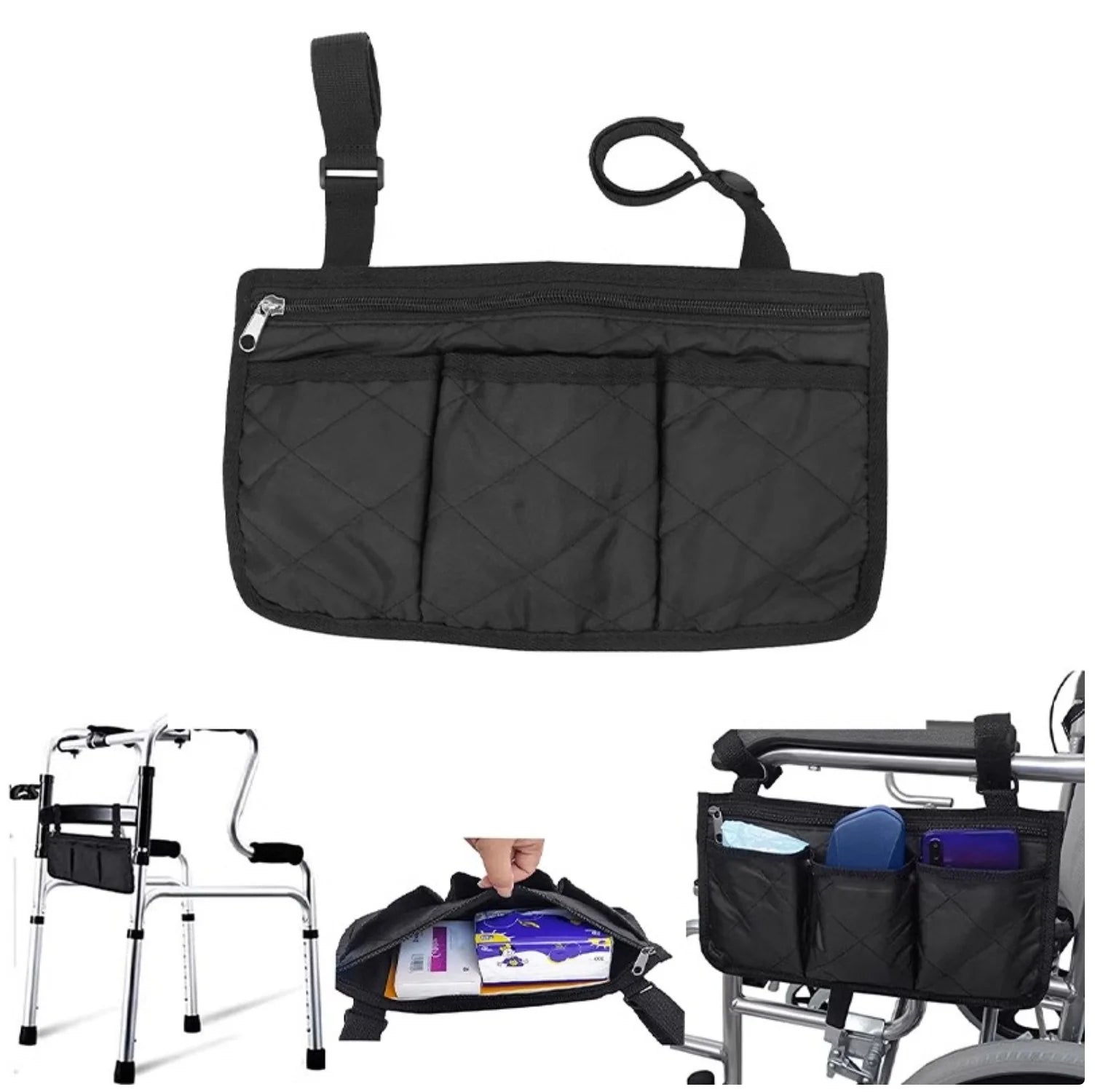 Black Wheelchair Storage Bag - Premium Quality with Adjustable Straps & Reflective Strip