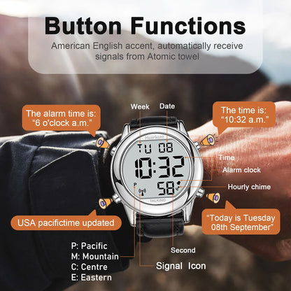 Talking Watches for Blind Elderly Men'S Clock Talking Time with Atomic Alarm Radio Wrist Watches Spanish/German/English