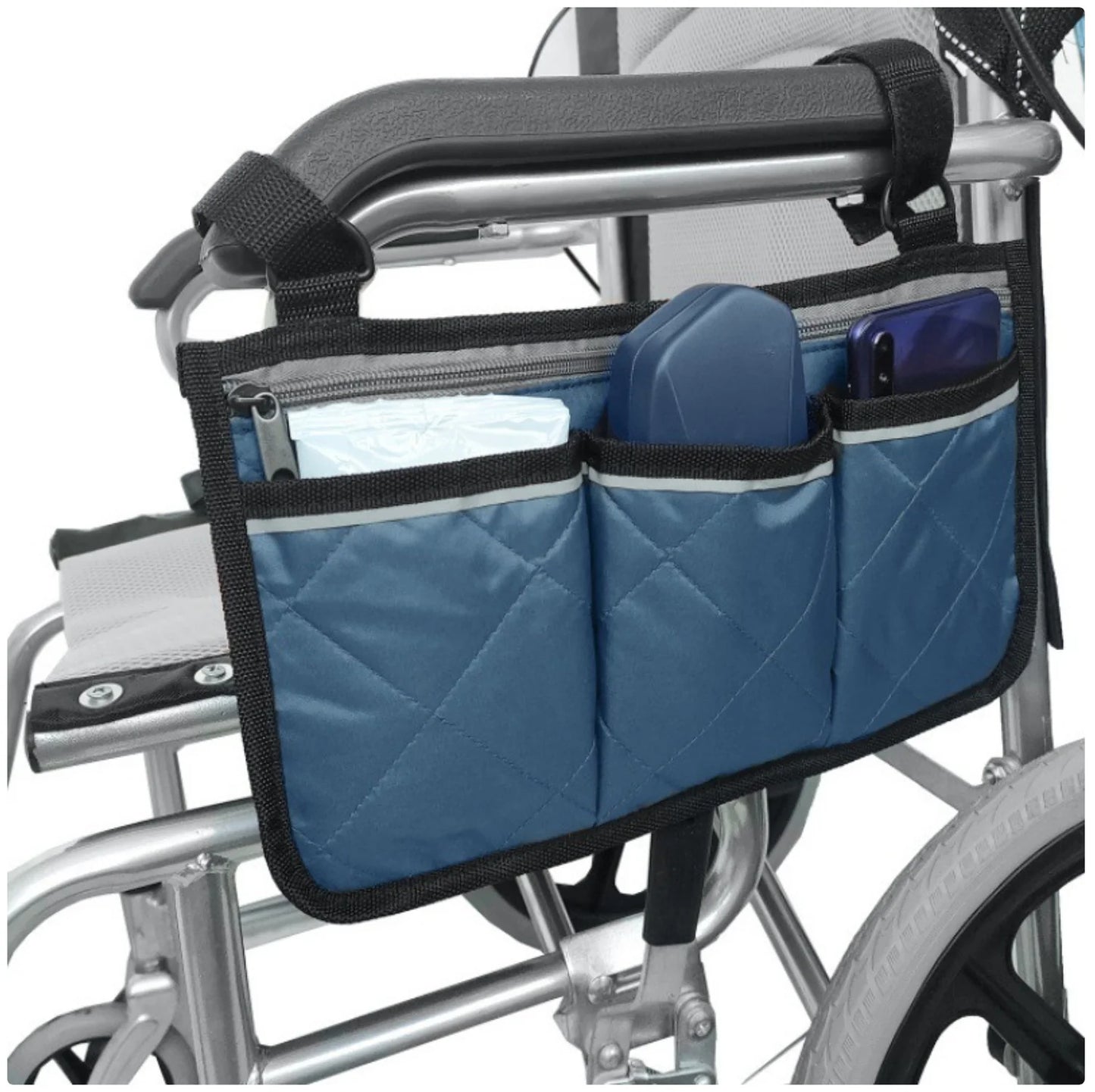Black Wheelchair Storage Bag - Premium Quality with Adjustable Straps & Reflective Strip