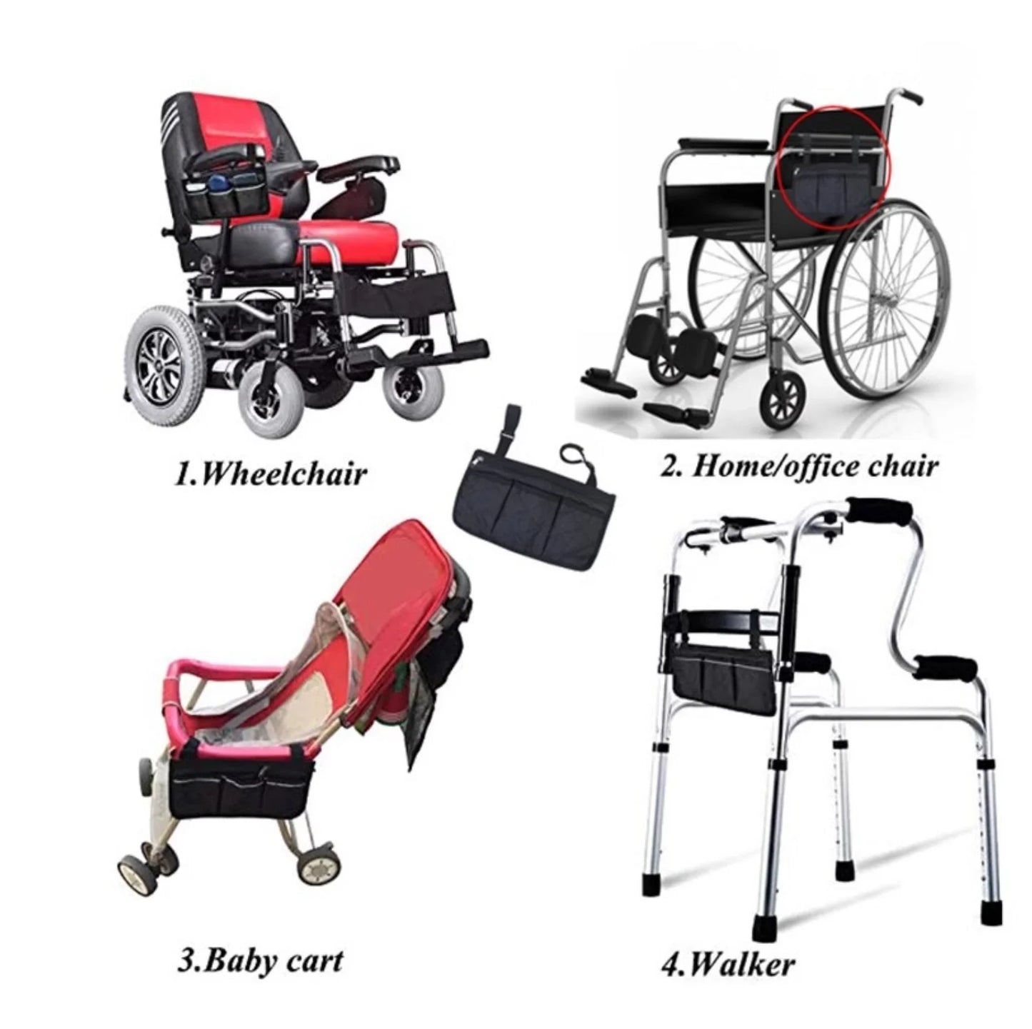Black Wheelchair Storage Bag - Premium Quality with Adjustable Straps & Reflective Strip